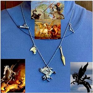 Pegasus & Bellerophon Greek Mythology Handmade Necklace, Winged Horse, Spear